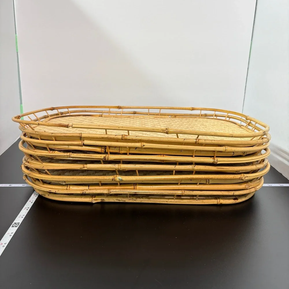 Vintage Bamboo Serving Trays Lot of 7 Tan Woven Rattan Boho Decor Tiki TV Lap